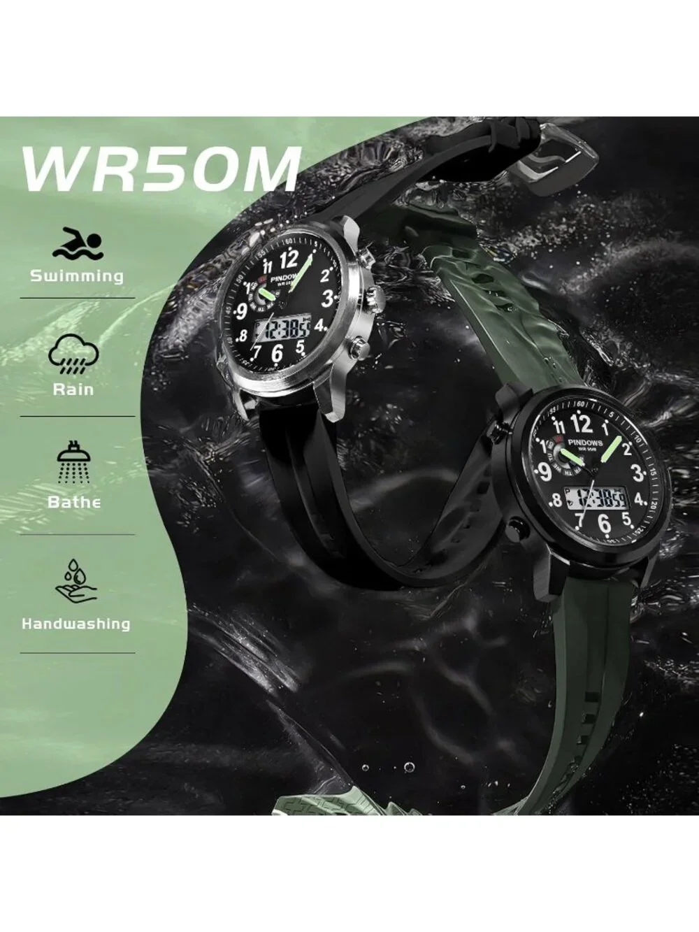 Men's Black Green Analog Waterproof Military Multifunctional LED Digital Watch